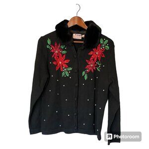 Basic Additions Black Holiday Christmas Ugly Sweater Women's L Floral Faux Fur